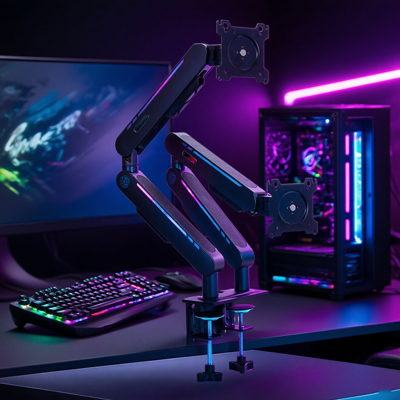 حامل مكتب جديد بذراع مزدوج قاب - مراجعة Dual Monitor Stand وسعره